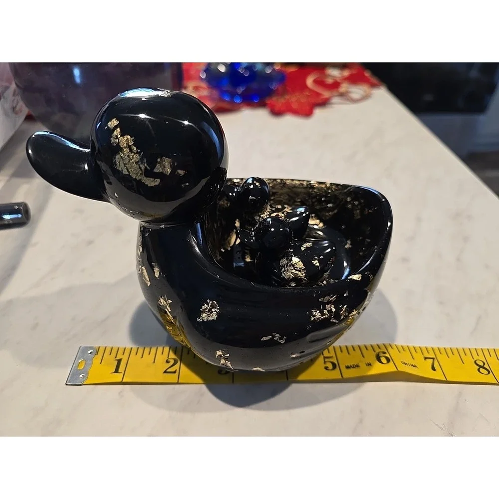 Handmade Resin Mommy Duck With Babies Black Gold Decoration Gift 673